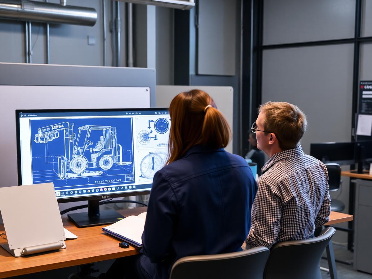 Equipe de engenharia analisando o projeto técnico de uma empilhadeira customizada